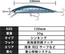 遠投ルアー 35g 5個セット ヘビーシンキングミノー シーバス ヒラメ フラットフィッシュ 青物 海水 淡水 ビーズ内蔵 トレブルフック ルアー_画像6