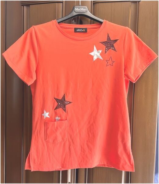 最終価格★OO-LA-LA SASSON ウララ サッソーン★スパンコール・スター・ポケット付き・カットソー・Tシャツ・オレンジ・Mサイズ★美品