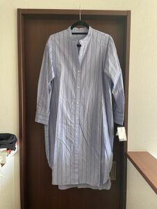 ヤマダヤAga日本製スカイブルー定価19000 春夏ドレス長袖ステッチフリルロングシャツドレス 