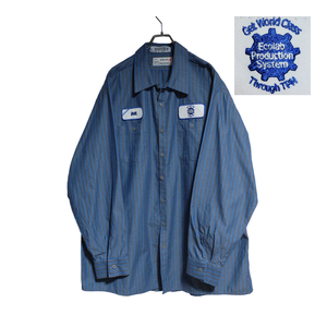 aramark 長袖ワークシャツ size 2XL オーバーサイズ ブルー ストライプ ゆうパケットポスト可 胸 ワッペン Ecolab 古着 洗濯 プレス済 ｂ24