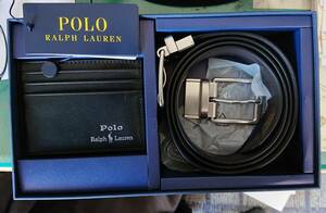 POLO RALPH LAUREN Mens Black Brown Reversible Leather Belt +Card Wallet Gift Set(ポロベルトと名刺入れのセット)