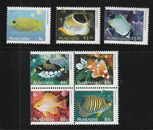 （オーストラリア）2010年熱帯魚7種、ヒンジ跡あり（海外より発送、説明欄参照）
