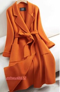 オレンジの両面カシミアコート、女性用秋冬ロングコート、ハイグレードスーツカラー、ルーズでスリム、ウールジャケット