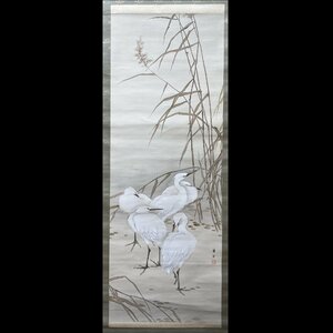 池上秀畝「鷺（さぎ）」絹本・彩色 軸装 掛軸 日本画 真作保証【長野県出身 荒木寛畝に師事 華麗な山水花鳥画の名手 信州を代表する画家】