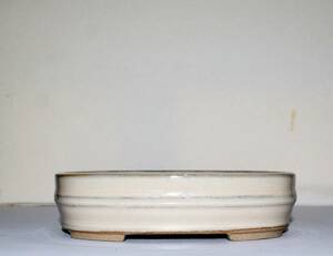 希少・約40～5０年前後の古い「陶翠」　製作中止盆器　白釉　胴帯切立小判形の鉢