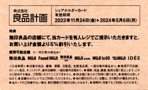 即♪ 良品計画（無印良品/MUJI) シェアホルダーカード(株主優待) ５％割引　2024/5/6迄 送料63円～　★期間内は繰り返し利用できます