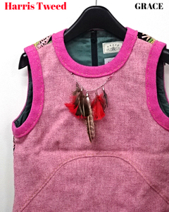 Lady's 36 難あり【GRACE Harris Tweed sleeveless tops Pink グレース × ハリスツイード ノースリーブ トップス フェザー ピンク】