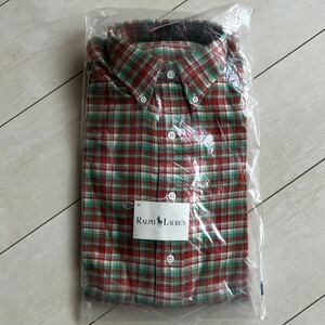 希少 未使用 デッドストック 袋入 90s RALPH LAUREN ラルフローレン ネル チェック 緑赤 BDシャツ US Sサイズ 日本 Mサイズ シンガポール製