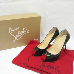 美品 Christian Louboutin クリスチャンルブタン New Very Prive 120 エナメル オープントゥ パンプス 35.5 約22.5cm ブラック×レッド 102