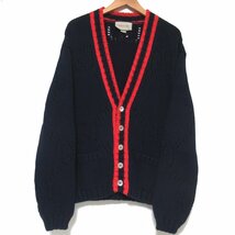 美品 22AW GUCCI グッチ GG柄 Vネック オーバーサイズ ニット カーディガン 692156 XKCBA Sサイズ ネイビー×レッド_画像1