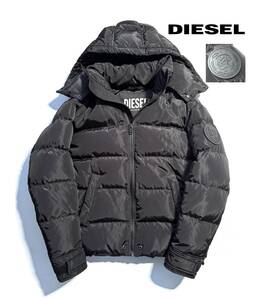 美品【定価6.1万】DIESEL ディーゼル ウインター ダウンジャケット M (L相当) ロゴワッペン メンズ 黒【軽量 保温性抜群】フード着脱可