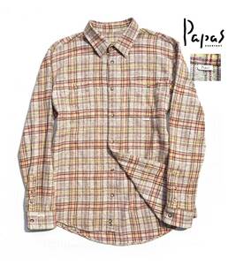 最高級【定価3万】Papas パパス ヘビーネル チェック 長袖シャツ 48(M) ロゴ 日本製 メンズ 送料520円【大人のネルシャツ】着心地抜群 秋冬