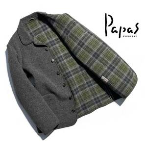 最高級【定価7万超】Papas パパス ダブルフェイス ウールジャケット 48(M) メンズ ロゴ刺繍 裏チェック ソフトメルトン 着心地抜群 日本製