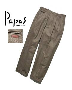 極美品【定価3万超】Papas パパス ウール スラックスパンツ LL (52) 2タック メンズ 送料520円 日本製 秋冬向け 裾ダブル ロゴタブ