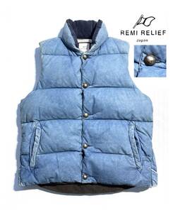 最高級【定価8.58万】REMI RELIEF レミレリーフ オールレザー インディゴダウンベスト L ユーズド加工 牛革 メンズ コンチョ釦 保温性抜群