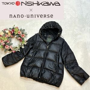 【美品】ナノユニバース 西川ダウン ダウンジャケット コラボ 黒 S フード金ジップ レディース