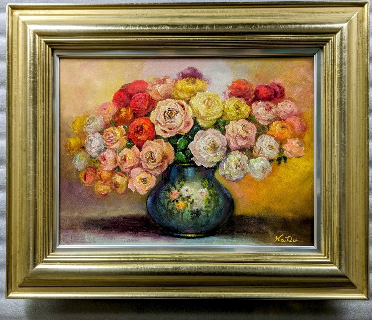 Painter haru ☆ Oil painting F5 special size ☆ Full bloom of roses ☆ Hand-drawn painting ☆ Authentic work, Original picture★One-of-a-kind★Still life painting., painting, oil painting, still life painting