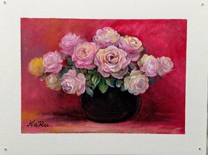 Art hand Auction 画家 HaRu 花 薔薇 ばら バラ 花瓶 絵画 油絵 額縁 アクリル, 絵画, 油彩, 静物画