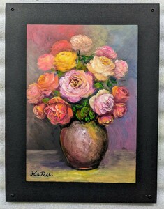 Art hand Auction 画家 HaRu 花 薔薇 ばら バラ 花瓶 絵画 油絵 額縁 アクリル, 絵画, 油彩, 静物画