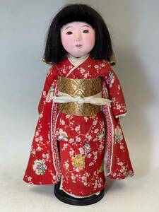 古い市松人形　女の子　銘無し　37㎝　昭和初期　台付き