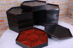  charge . use secondhand goods Japanese-style tableware lunch box multi-tiered food box hexagon .../. stone / Japanese food lunch 10 piece set bulkhead .(7) attaching resin made present condition goods #(F8702)