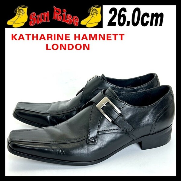 即決 使用少 KATHARINE HAMNETT キャサリンハムネット メンズ 26cm 本革レザー モンクストラップ ロングノーズ 黒 ドレスシューズ 革靴中古