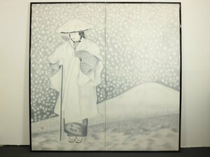 屏風 落款有 壽庭 隅田川 能 二曲一隻 日本画 紙本 能画 高さ約170cm