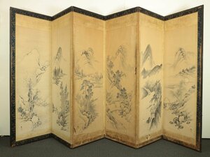 Art hand Auction Period folding screen, Umedani signature, landscape painting, Chinese art, six-panel screen, paper, height approx. 174cm, Painting, Japanese painting, Landscape, Wind and moon