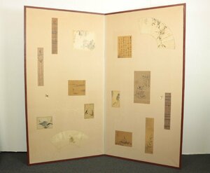 Art hand Auction Period folding screen, ancient calligraphy and painting folding screen, Japanese art, Chinese art, two-panel screen, paper and silk, height approx. 158cm, Painting, Japanese painting, person, Bodhisattva