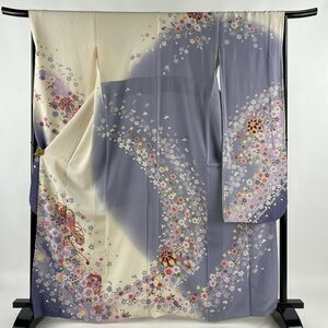 振袖 身丈163cm 裄丈66.5cm M 袷 貝桶 桜 金糸 金彩 灰紫 正絹 名品 【中古】