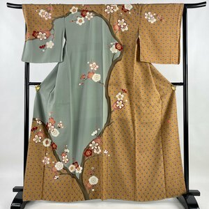 訪問着 身丈164.5cm 裄丈66.5cm M 袷 花井幸子 落款 枝梅 斜め格子 金糸 金彩 灰色 正絹 美品 名品 【中古】