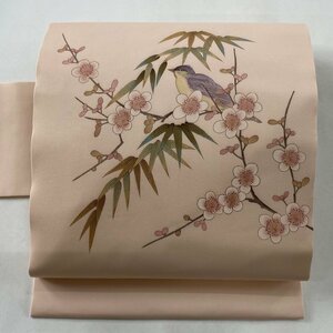 名古屋帯 美品 秀品 枝梅 鳥 薄ピンク 正絹 【中古】