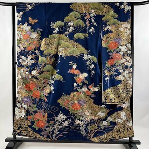 振袖 身丈157cm 裄丈64cm M 袷 落款 草花 蝶 金糸 金彩 紺色 正絹 名品 【中古】