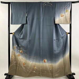 訪問着 身丈163cm 裄丈64cm M 袷 雪輪 草花 金彩 箔 青灰色 正絹 秀品 一つ紋 【中古】