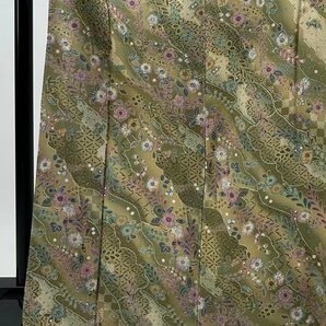 小紋 身丈168.5cm 裄丈66.5cm M 袷 草花 菱 金彩 ぼかし 鶯色 正絹 美品 秀品 【中古】の画像2