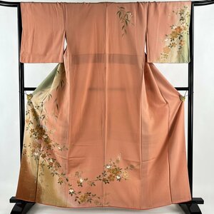 訪問着 身丈161.5cm 裄丈65.5cm M 袷 桜 橘花 金彩 染め分け ピンクベージュ 正絹 秀品 【中古】