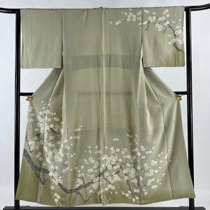 訪問着 身丈162.5cm 裄丈63cm S 袷 落款 枝梅 鶯 ぼかし 灰茶 正絹 秀品 【中古】