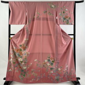 訪問着 身丈167cm 裄丈66cm M 袷 草花 流水 金糸 金彩 ピンク 正絹 秀品 【中古】