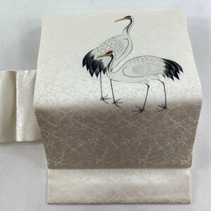 名古屋帯 美品 秀品 鶴 松 金糸 金彩 クリーム 正絹 【中古】