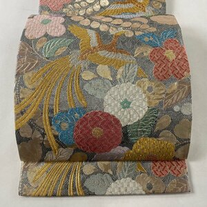 袋帯 美品 秀品 尾長鳥 草花 金糸 箔 銀色 六通 正絹 【中古】