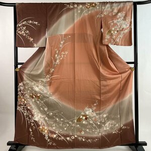 訪問着 身丈163cm 裄丈65cm M 袷 扇面 草花 金彩 染め分け 茶紫 正絹 秀品 【中古】