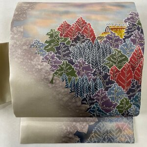 名古屋帯 美品 秀品 樹木 建物 箔 灰紫 正絹 【中古】