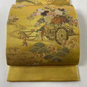 袋帯 美品 秀品 本金二重引箔 花車 松 箔 金糸 金色 お太鼓柄 正絹 【中古】