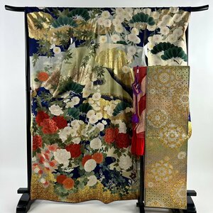 振袖 身丈167cm 裄丈67.5cm L 袷 袋帯フルセット 牡丹 雲文 金彩 刺繍 青紫 正絹 美品 秀品 【中古】