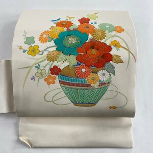 名古屋帯 優品 落款 花器 組紐 金銀彩 クリーム 正絹 【中古】