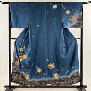 訪問着 身丈155.5cm 裄丈66cm M 袷 草花 霞 金銀彩 ぼかし 藍色 正絹 秀品 【中古】