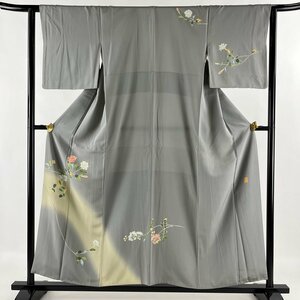 付下げ 身丈156cm 裄丈62cm S 袷 落款 枝花 ぼかし 灰色 正絹 秀品 【中古】