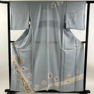 訪問着 身丈157cm 裄丈62cm S 単衣 華文 花唐草 金彩 水色 正絹 優品 【中古】