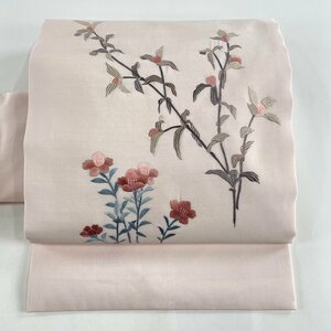 名古屋帯 美品 秀品 草花 刺繍 薄ピンク 正絹 【中古】