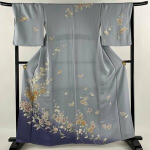 訪問着 身丈162.5cm 裄丈67.5cm L 袷 草花 金彩 箔 青灰色 正絹 秀品 一つ紋 【中古】